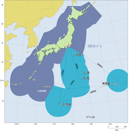 鳥島の位置と排他的経済水域（水色部分は東京都の区域）